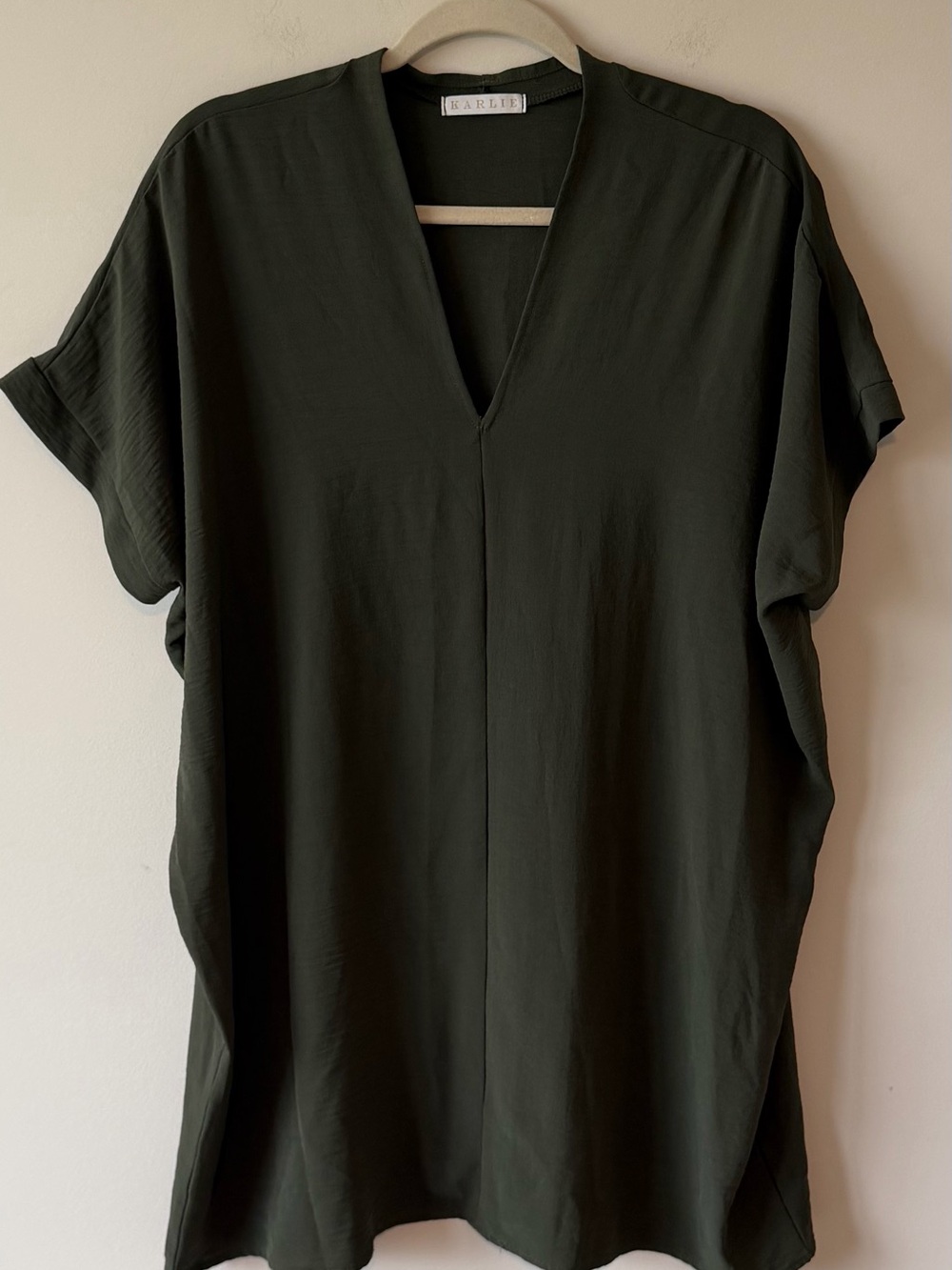 Karlie Olive V-Neck Short Dolman Sleeve Mini Dress Flowy Fall Neutral